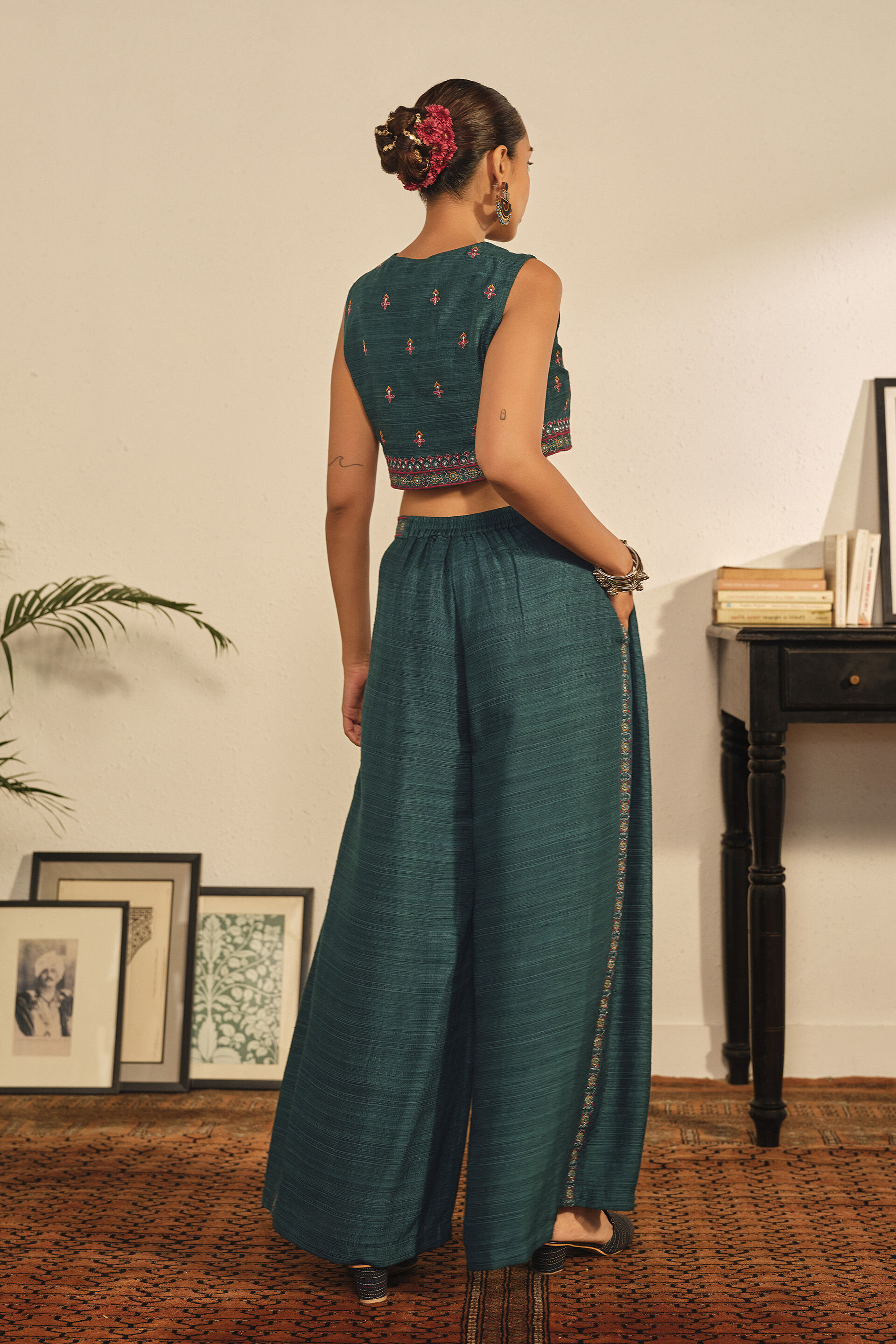 Embroidered Co-ord Set in Forest Green, Green, image 3